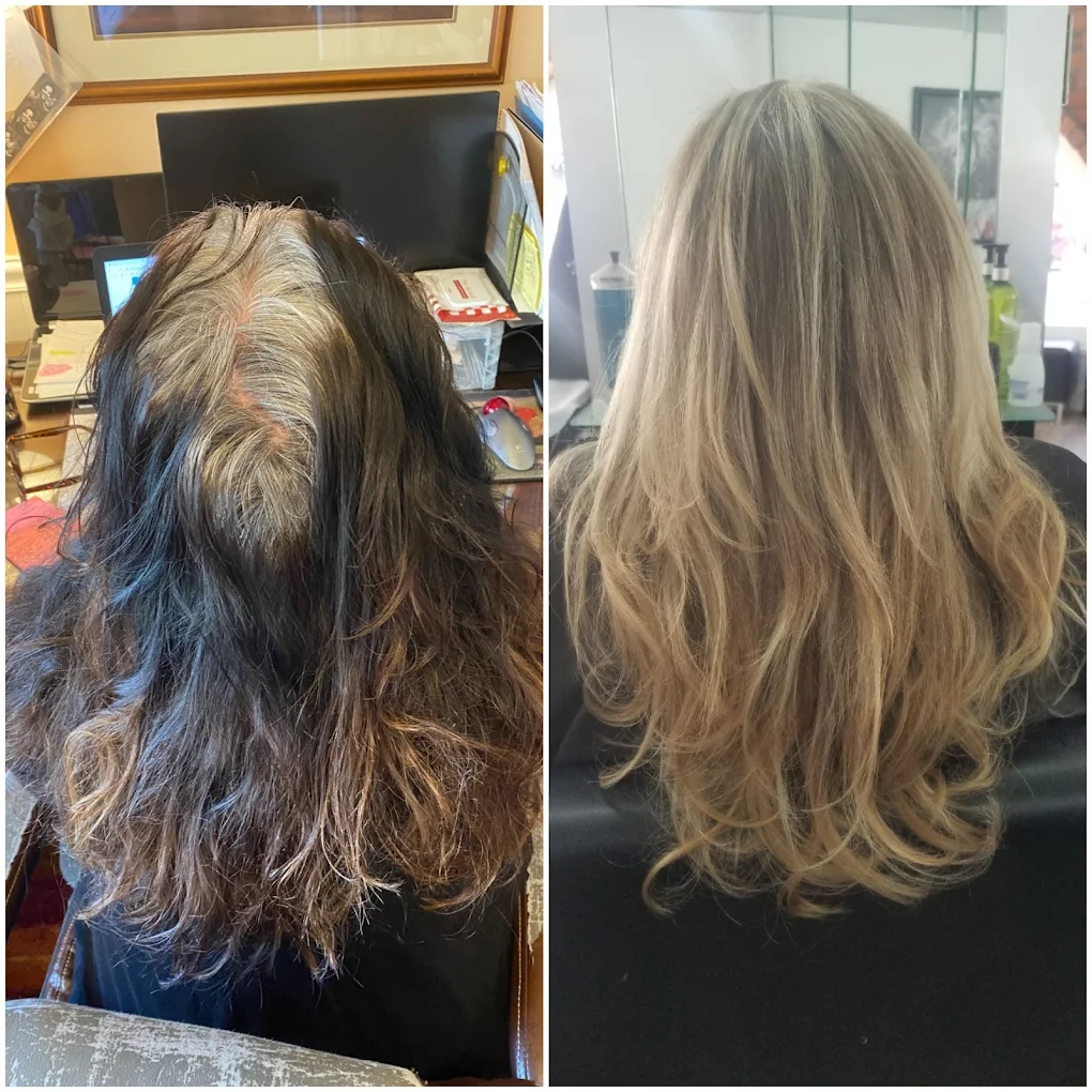 Before and after hair transformation from dark brunette to light blonde highlights