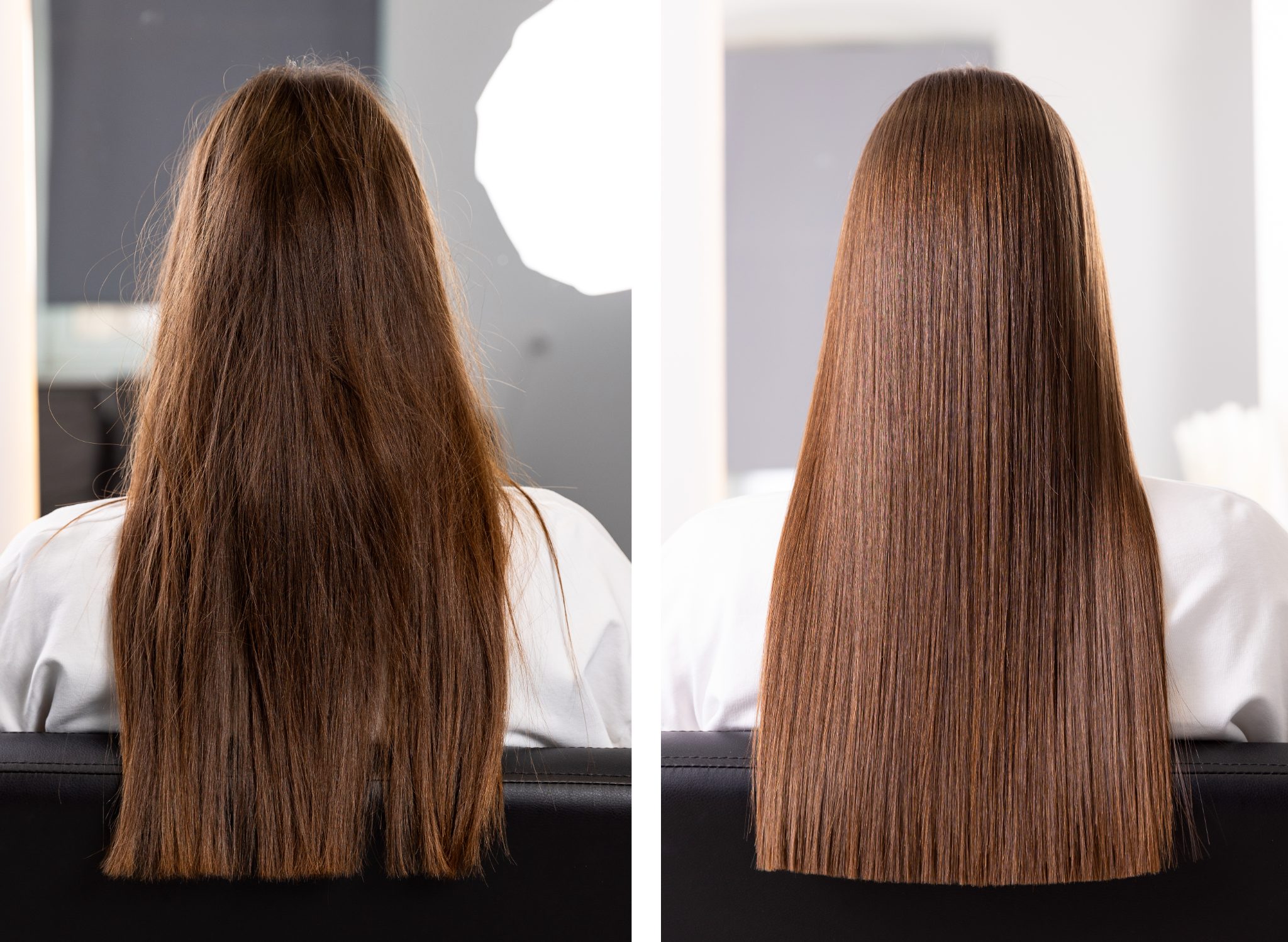 Before and after hair treatment comparison showing improved shine and smoothness