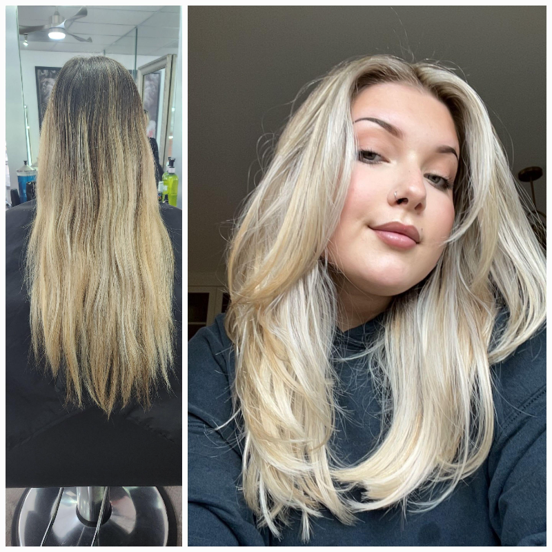 Before and after hair transformation showing longer blonde hair with layers and highlights