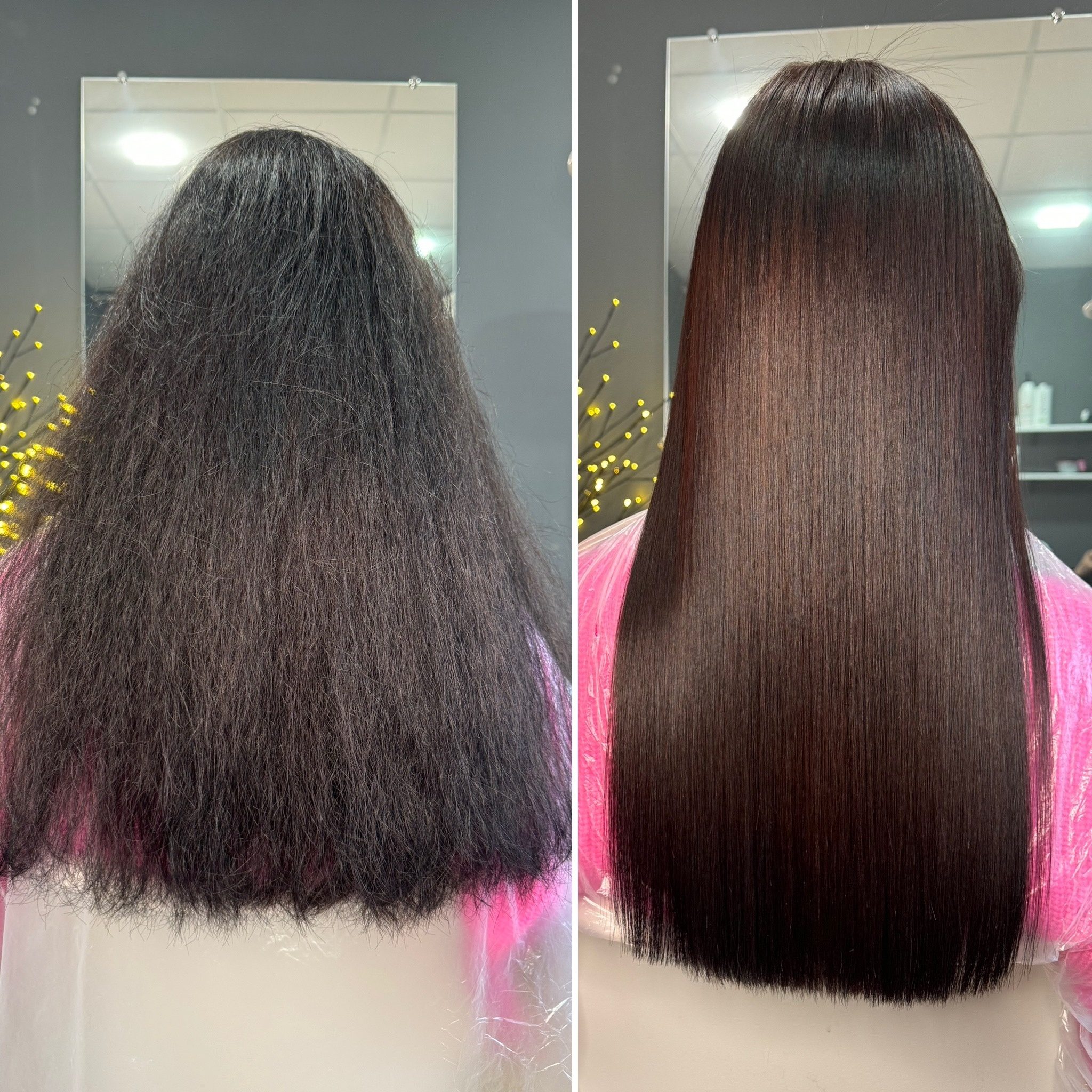 Before and after hair treatment showing improved smoothness and shine