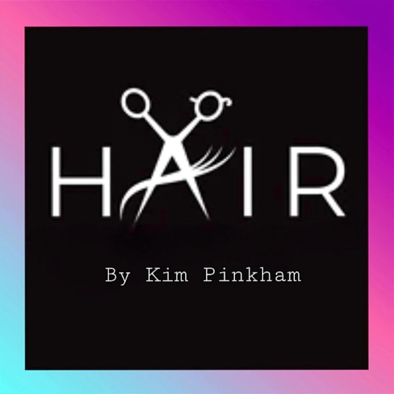 Hair salon logo featuring scissors with "HAIR" text by Kim Pinkham on black background