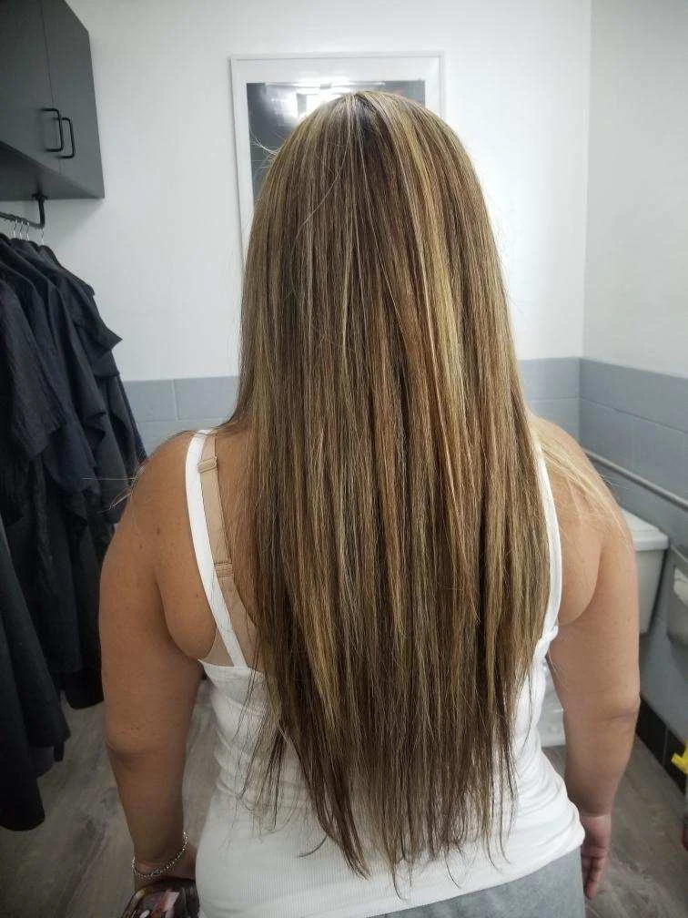 Woman with long straight brown hair with highlights viewed from behind in indoor setting